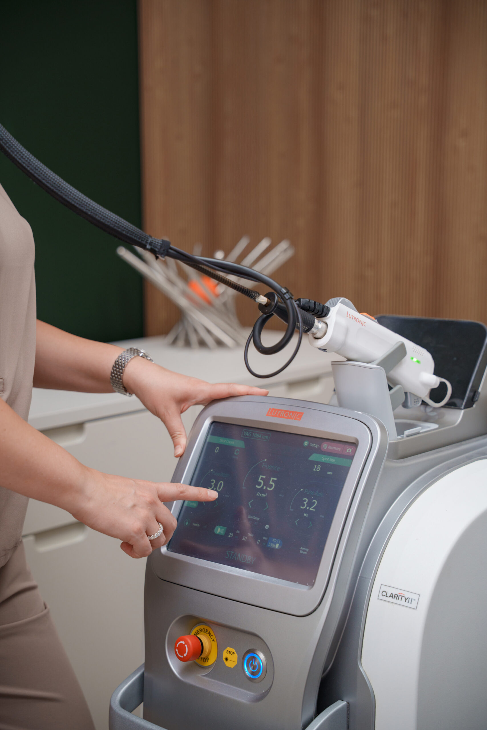 Lutronic Clarity II touchscreen and handpiece in the Glow Lab studio